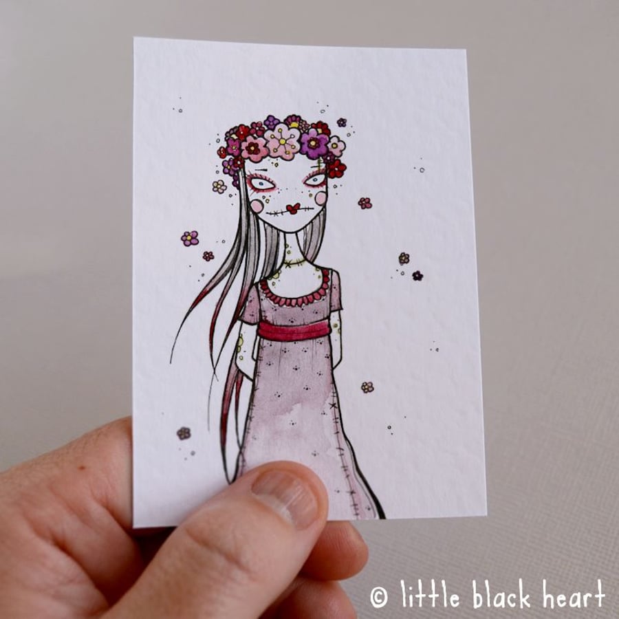zombie girl with small floral crown - original aceo