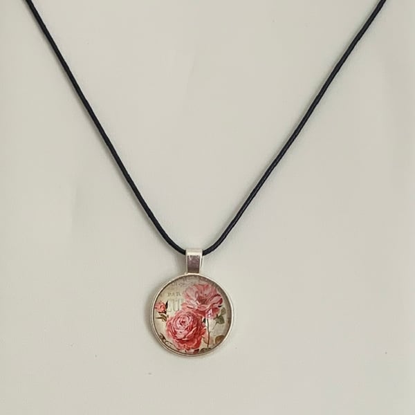 Shabby Chic Floral Glass Pendant Necklace. Design 8