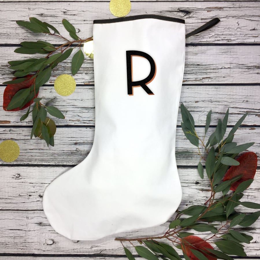 Large Christmas Stocking- family initials. White cotton with black and copper