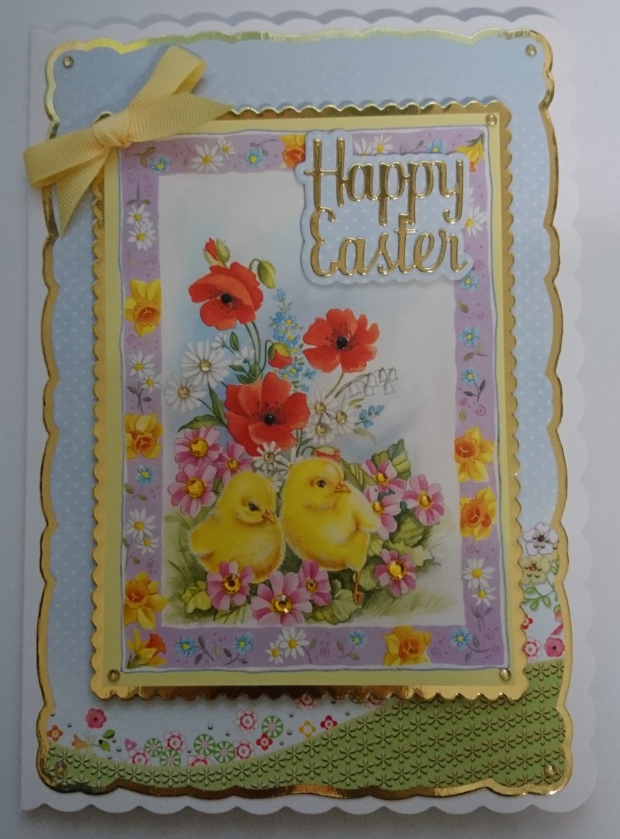 Happy Easter Card Cute Easter Chicks Poppies Daisies Daffodils