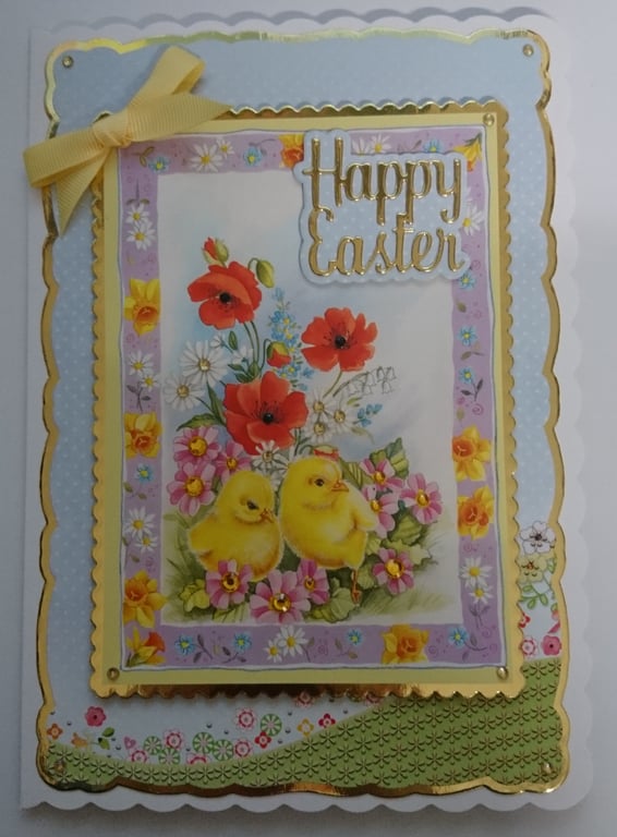 Happy Easter Card Cute Easter Chicks Poppies Daisies Daffodils
