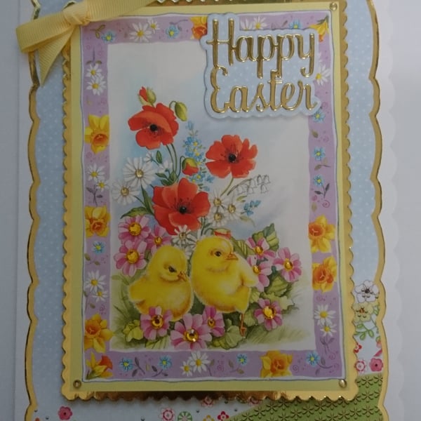 Happy Easter Card Cute Easter Chicks Poppies Daisies Daffodils