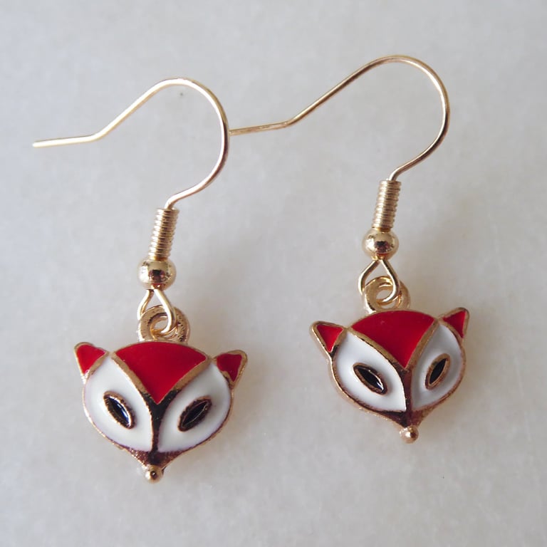 Enamelled Red Fox Head Earrings with KC Gold Ear Wires