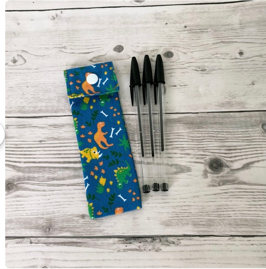 Fabric Pen Holder Pouch: Blue Dinosaurs