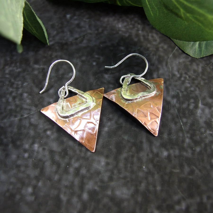 Earrings, Sterling Silver and Copper Geometric Triangular Earrings