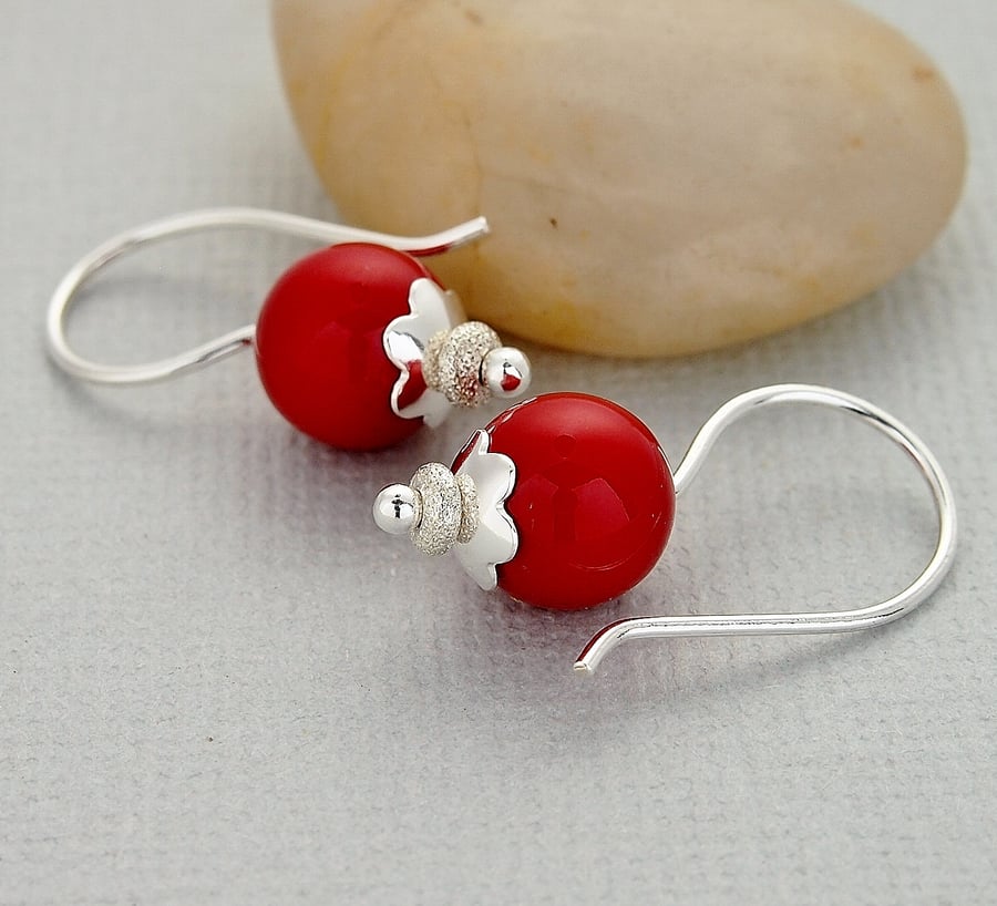 Red Pearl Earrings - Swarovski - Sterling Silver