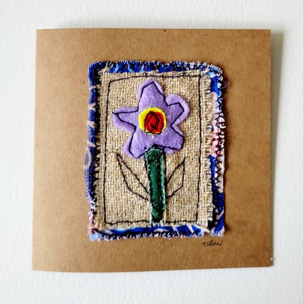 Handmade 'Purple Flower' Felt and Fabric Greeting Card 