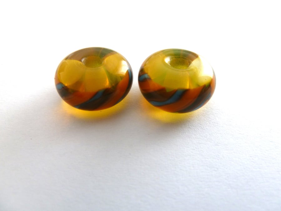 yellow twist lampwork glass bead pair