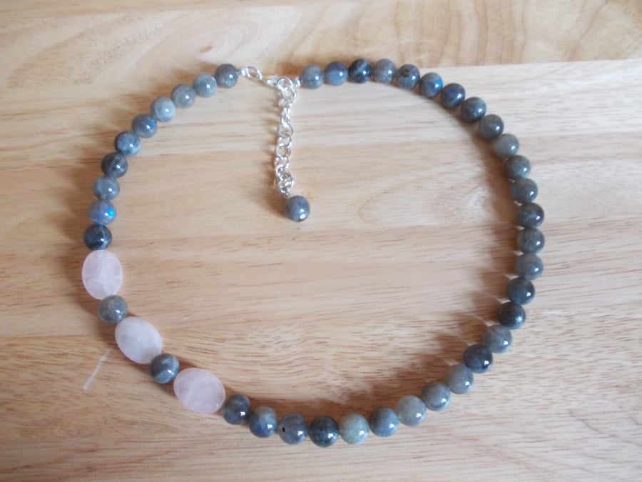 Rose quartz and labradorite asymetric necklace