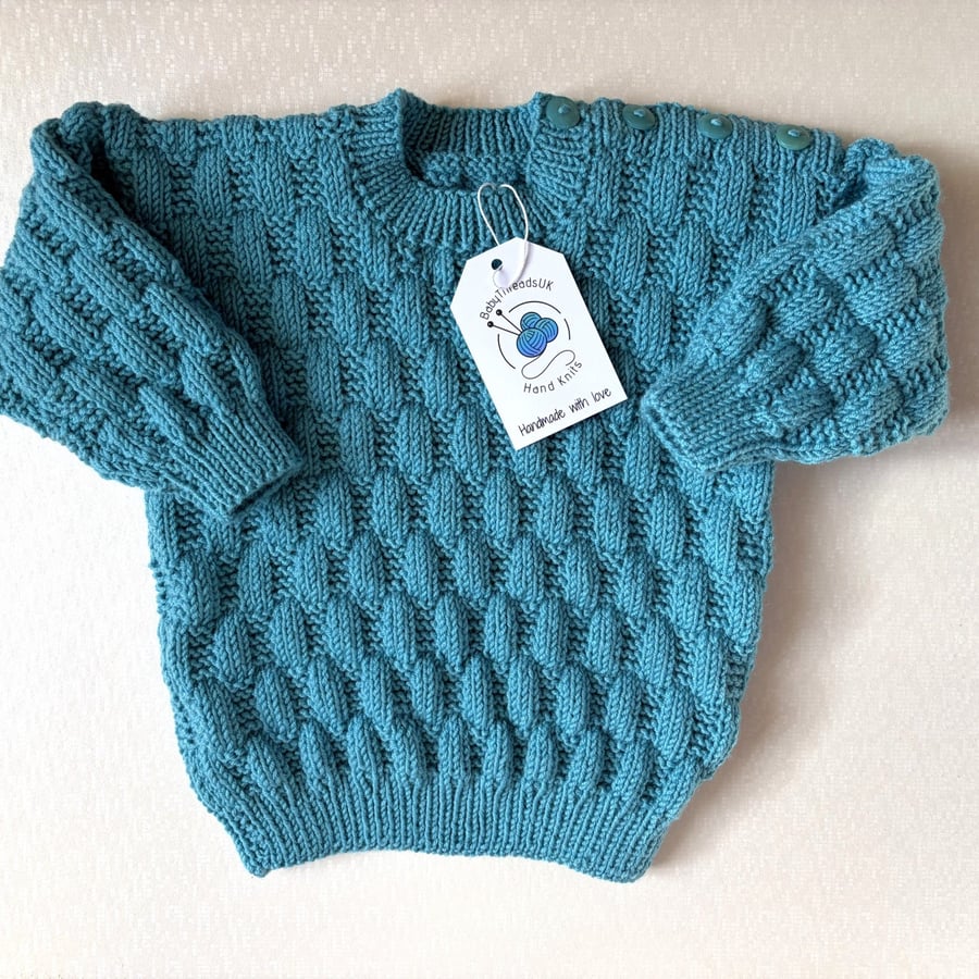 Hand Knitted Merino Jumper, Shoulder Opening, Sea Green, Very Soft and Cosy