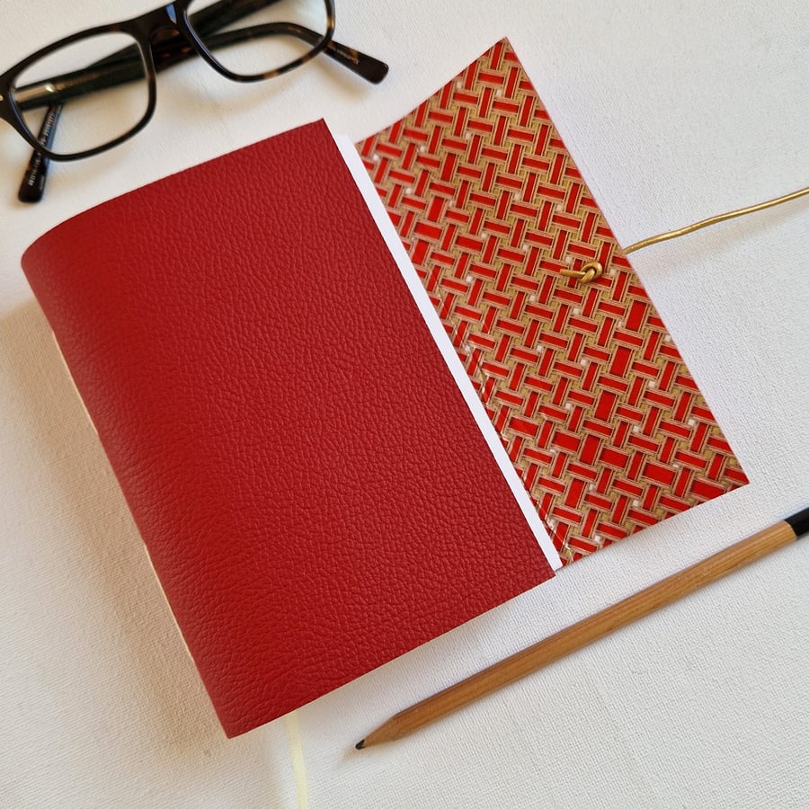 Red Leather Journal or Notebook with Chiyogami Lattice Paper Cover Lining