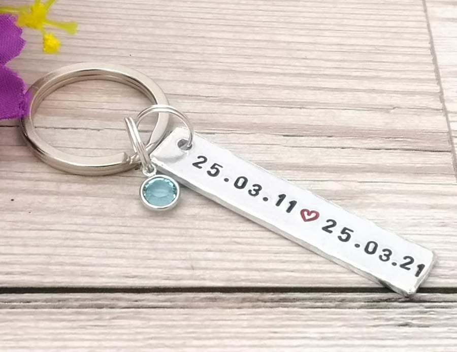 Special Date Keyring With Birthstone Crystal - 10th Wedding Anniversary Gift