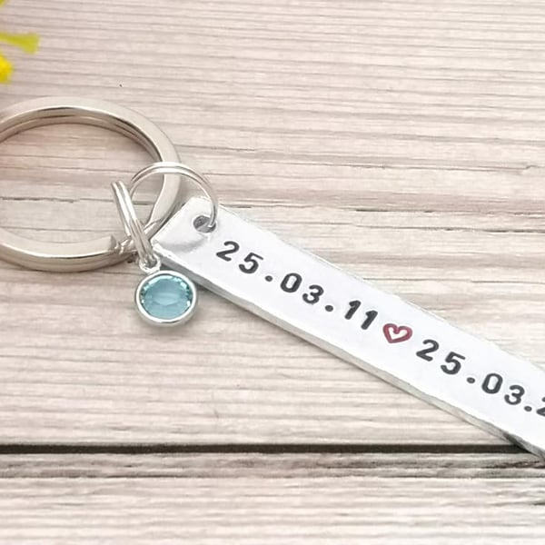 Special Date Keyring With Birthstone Crystal - 10th Wedding Anniversary Gift