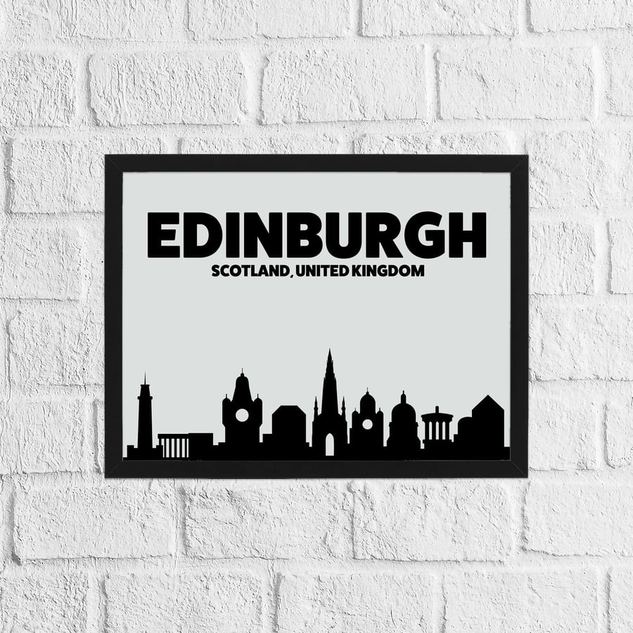 Skyline silhouette of Edinburgh, Scotland, UK, grey and black print, wall art
