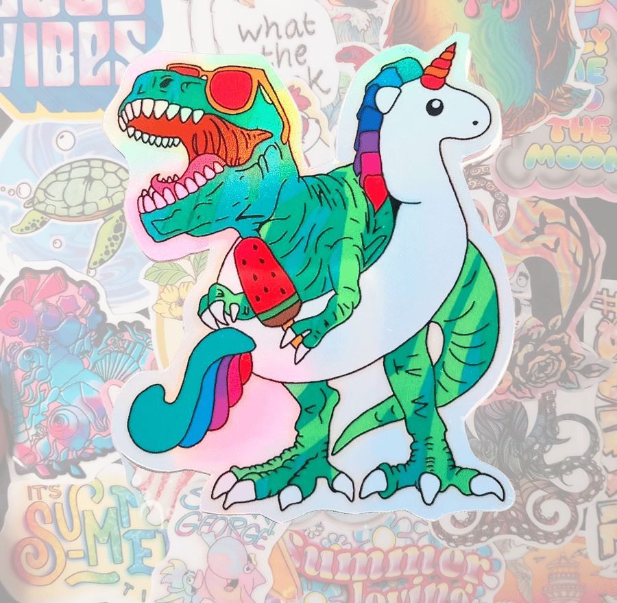 Summer Dinosaur Holographic Vinyl Sticker