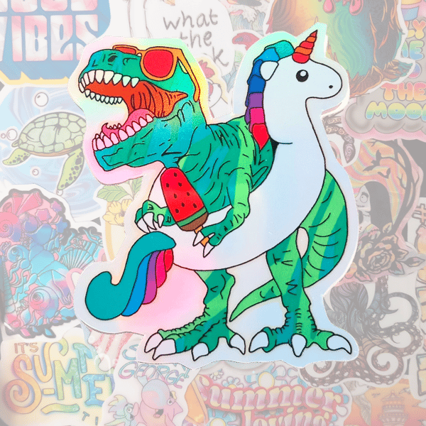 Summer Dinosaur Holographic Vinyl Sticker