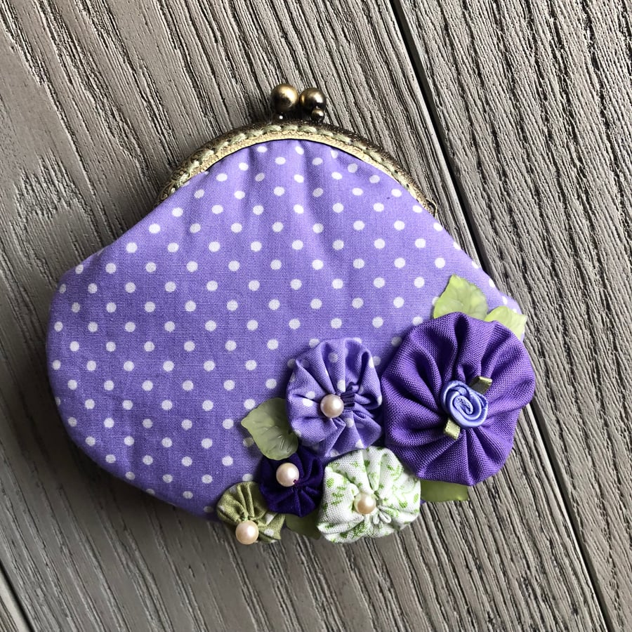 Lavender Filled Keepsake Clasp Purse with Flower Embellishments.