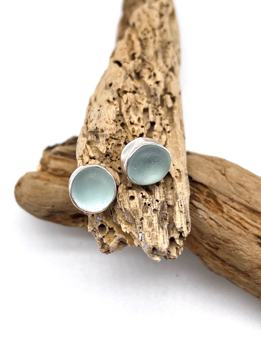Aqua Sea Glass Stud Earrings