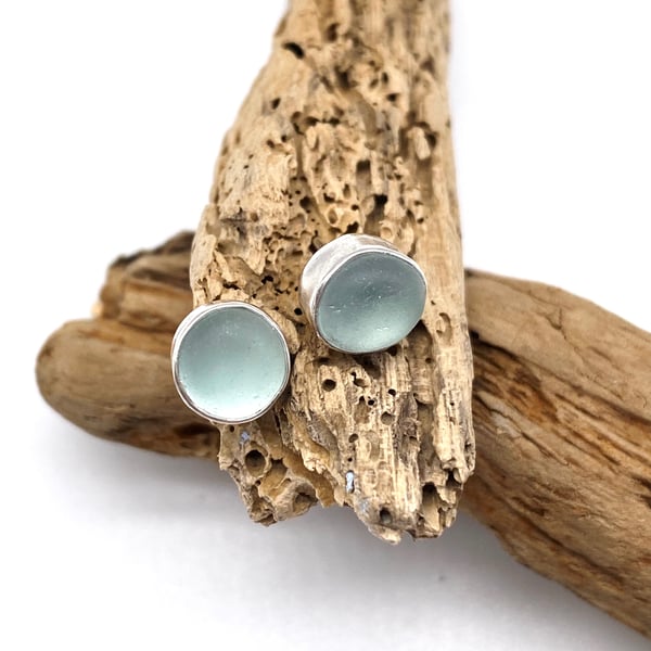 Aqua Sea Glass Stud Earrings