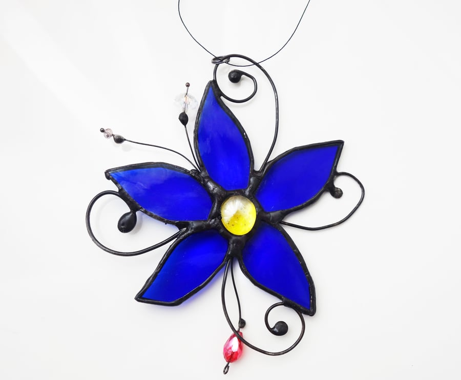   Flower Lily  with decorative wire and crystals Stained Glass Sun Catcher  