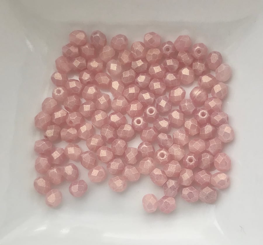 Czech Glass, Fire Polished Beads - Sueded Gold Milky Pink - 4mm