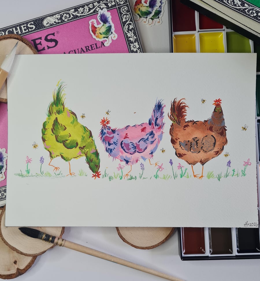 Hand Painted Chicken Watercolor Art, Flowers & Bees