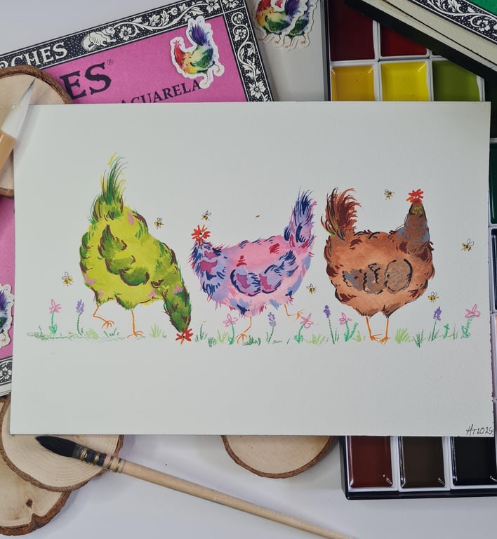 Hand Painted Chicken Watercolor Art, Flowers & Bees