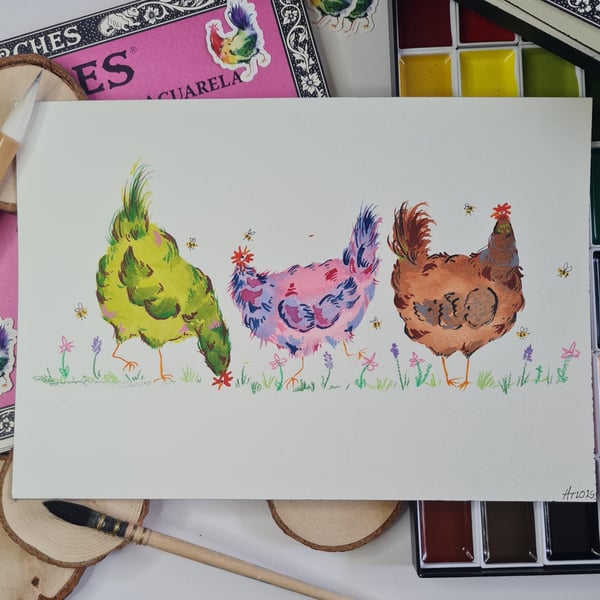 Hand Painted Chicken Watercolor Art, Flowers & Bees