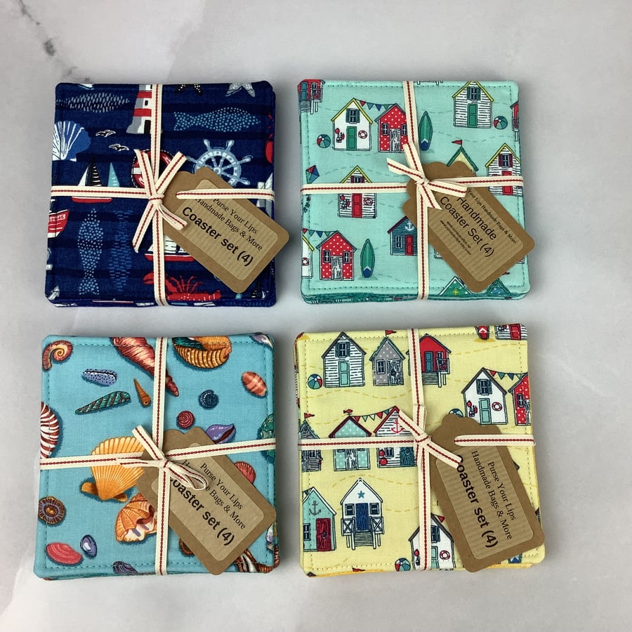 Seaside coasters, Set of 4 Beach fabric coasters, 4 options, Handmade