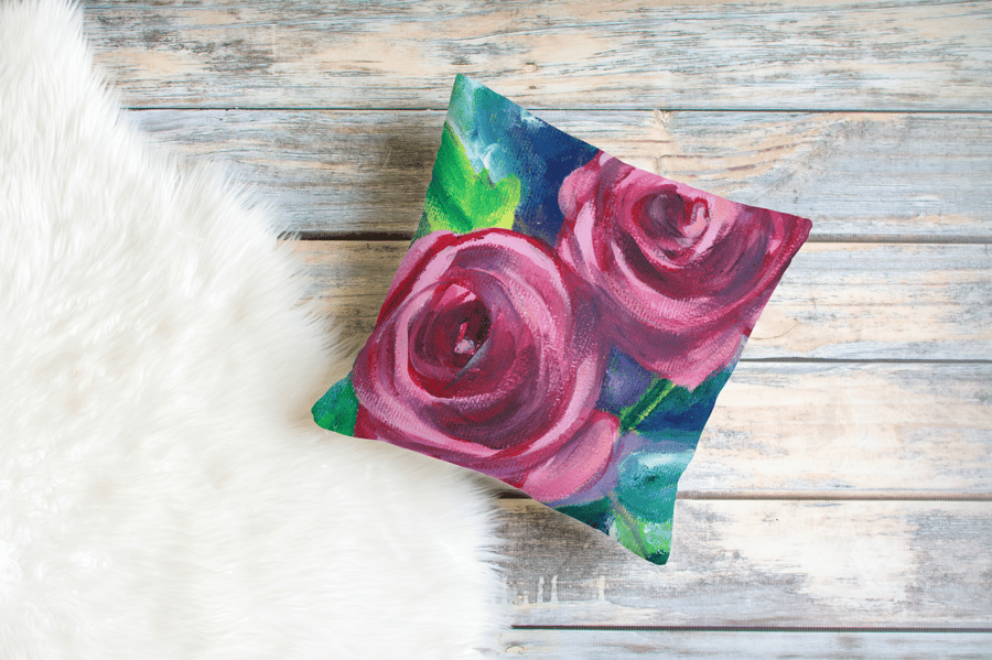Rose Duo Cushion Original Art Design, Floral Home Decor, FREE UK Delivery