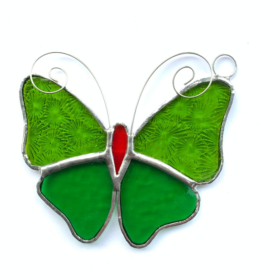 Stained Glass Butterfly Suncatcher - Handmade Decoration - Lime and Green