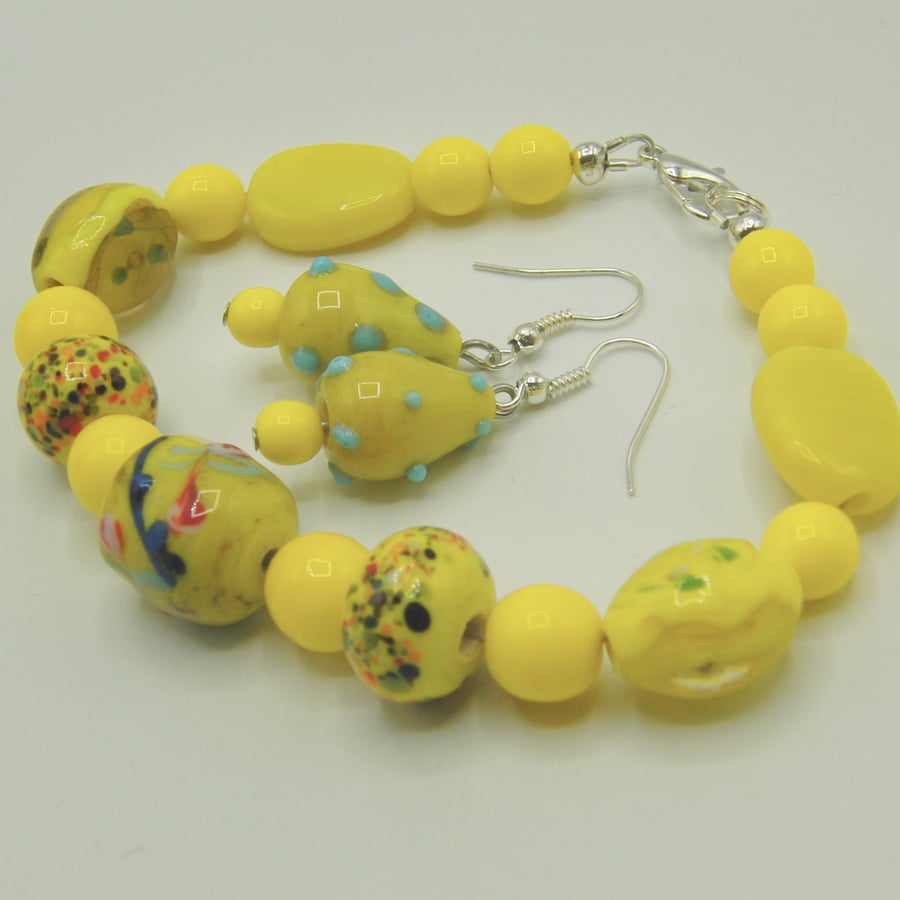 Mixed Yellow Beads Bracelet and Earrings Set, Yellow Jewellery, Gift for Her