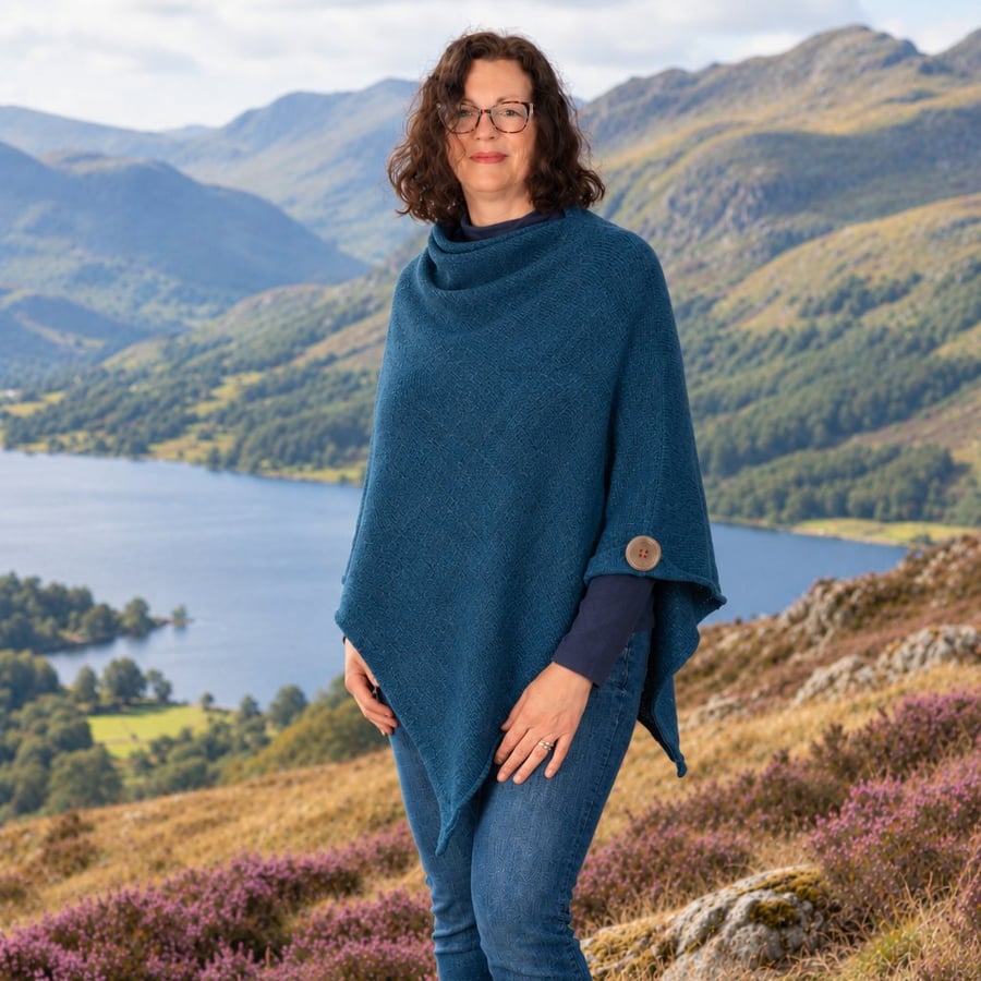 Denim Blue Merino Wool Poncho, Women's Knitted Poncho, Winter Wrap