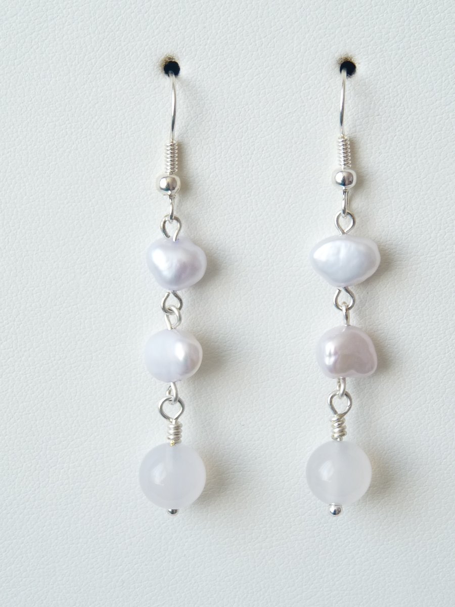 White Cultured Pearl & White Agate Drop Earrings - Genuine Gemstone - Handmade 