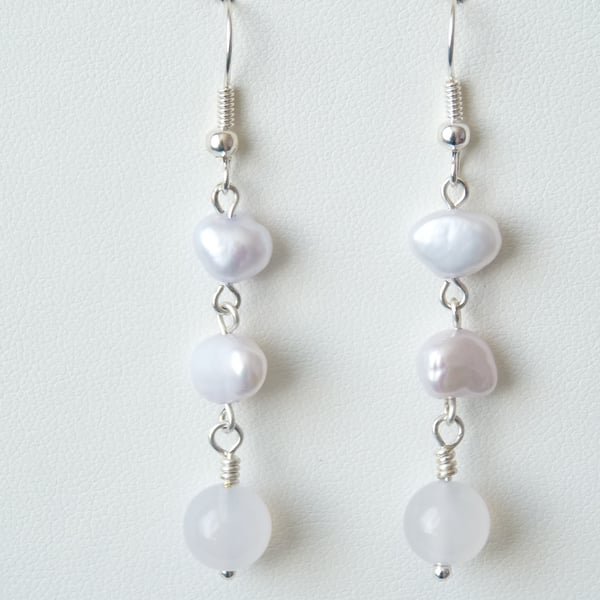 White Cultured Pearl & White Agate Drop Earrings - Genuine Gemstone - Handmade 
