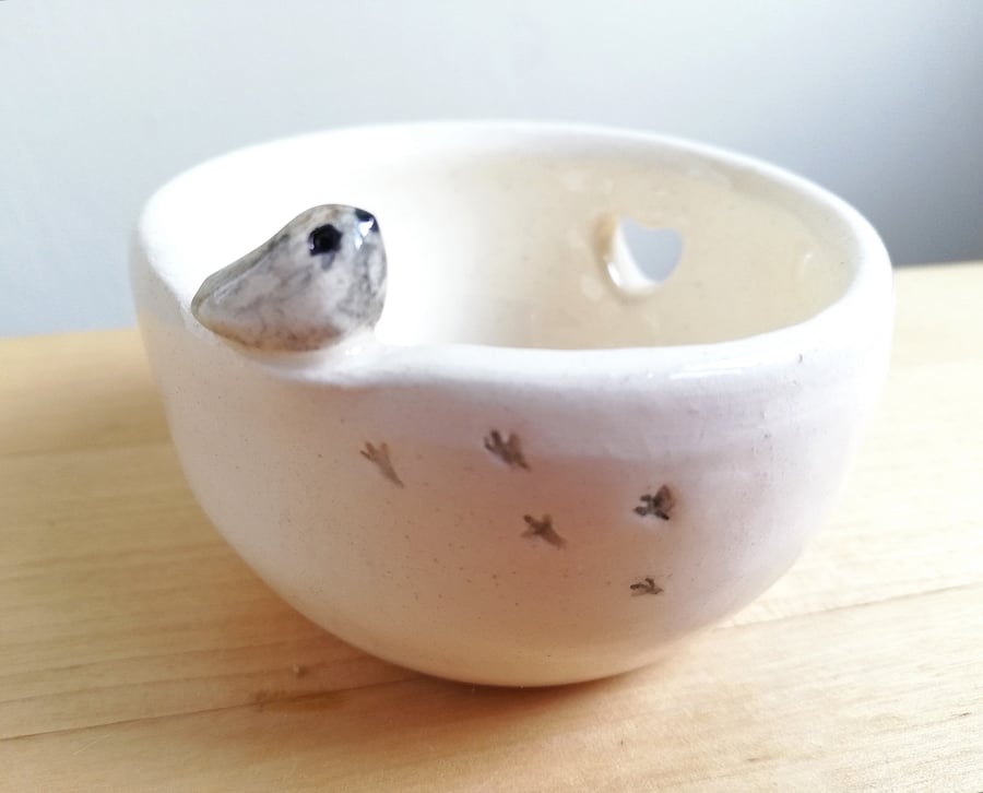 Ceramic handmade bird tealight with heart and footprints gift idea