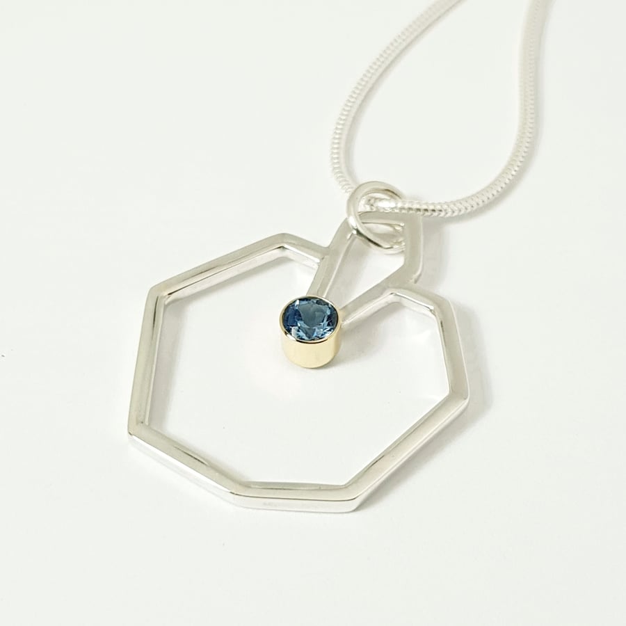 Sterling Silver and 18ct Gold Pendant Necklace with Dark Aquamarine