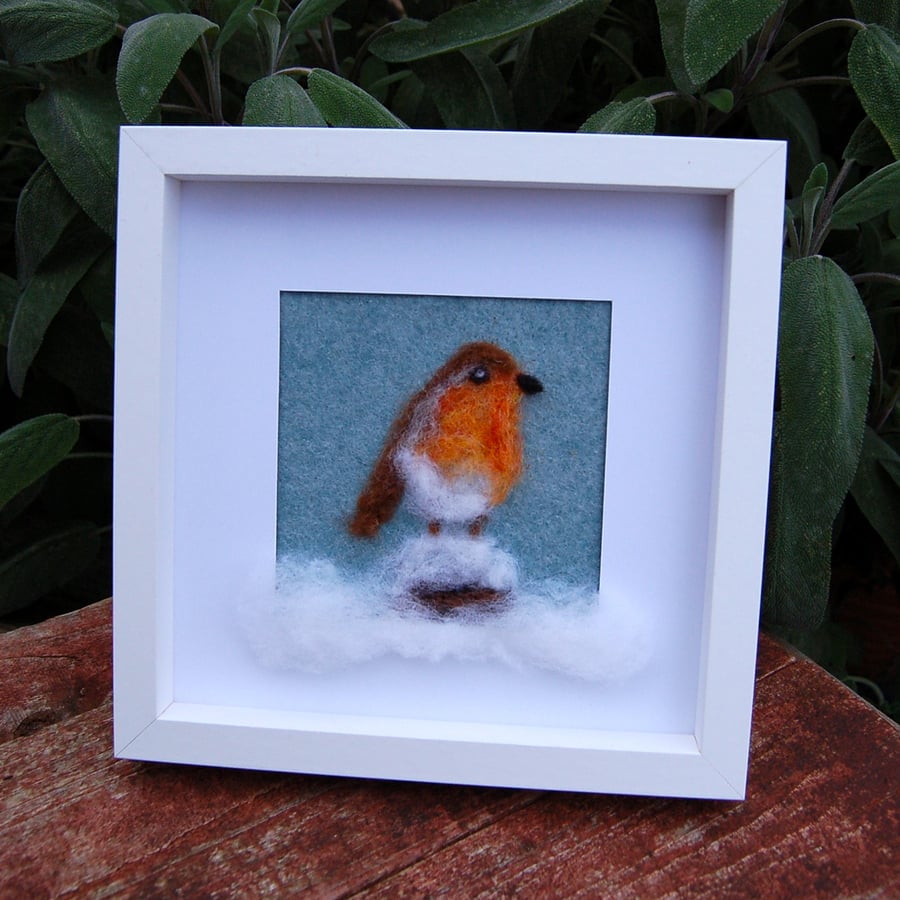 Robin  in the Snow -  Needle felted  picture - 