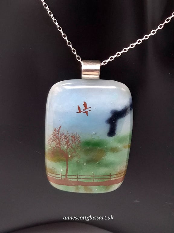Angel of the North over Field, Fused Glass Pendant with Sterling Silver Findings