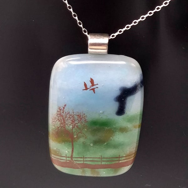 Angel of the North over Field, Fused Glass Pendant with Sterling Silver Findings