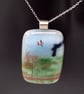 Angel of the North over Field, Fused Glass Pendant with Sterling Silver Findings