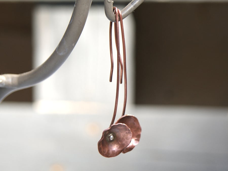 Long Flower Earrings, Pure Copper Earrings