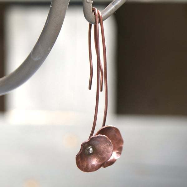 Long Flower Earrings, Pure Copper Earrings