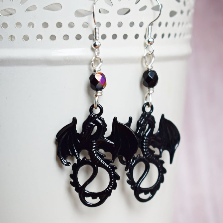 Black Dragon Earrings with Black Czech Glass Beads