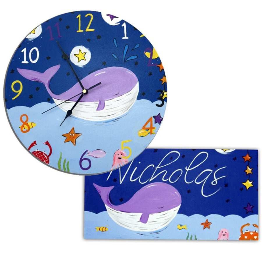 Personalised Whale Clock and Door Sign Gift Set, Nursery Decor, Gift for Boys