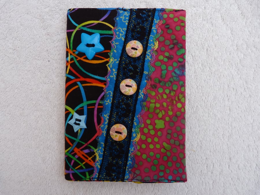 A6 Crazy Patchwork Book Cover with Lined Notebook . Squiggle Fabric.