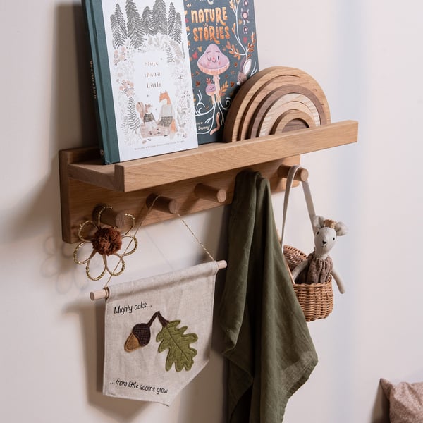 Solid Oak kids Bedroom Shelf, Children's Bedroom Peg Shelf, Kids Playroom