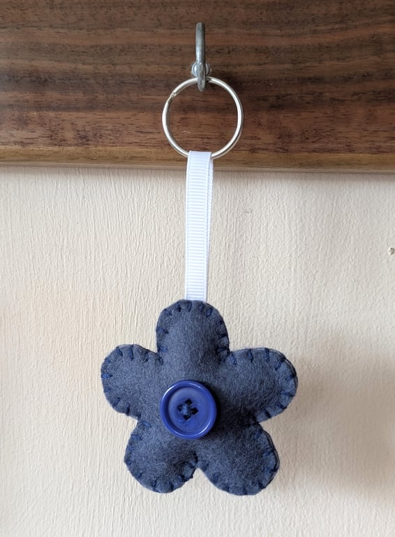 Handmade handsewn felt flower keyring - dark blue