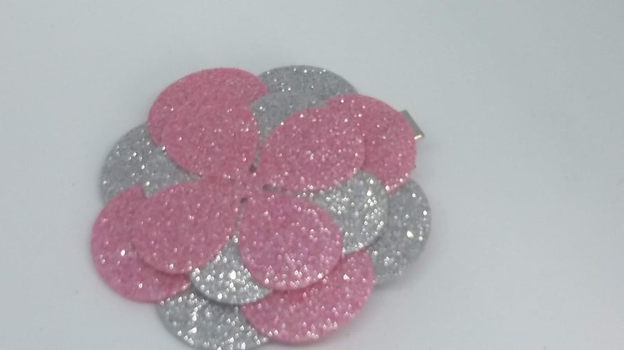 Large pink and silver glitter flower hair clip wedding bridesmaid party hair