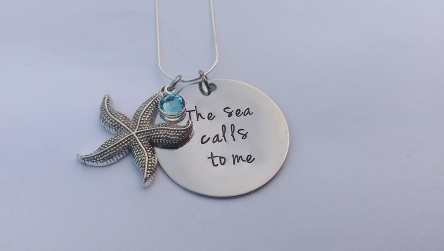 The sea calls me hand stamped starfish necklace - beach pendant necklace 